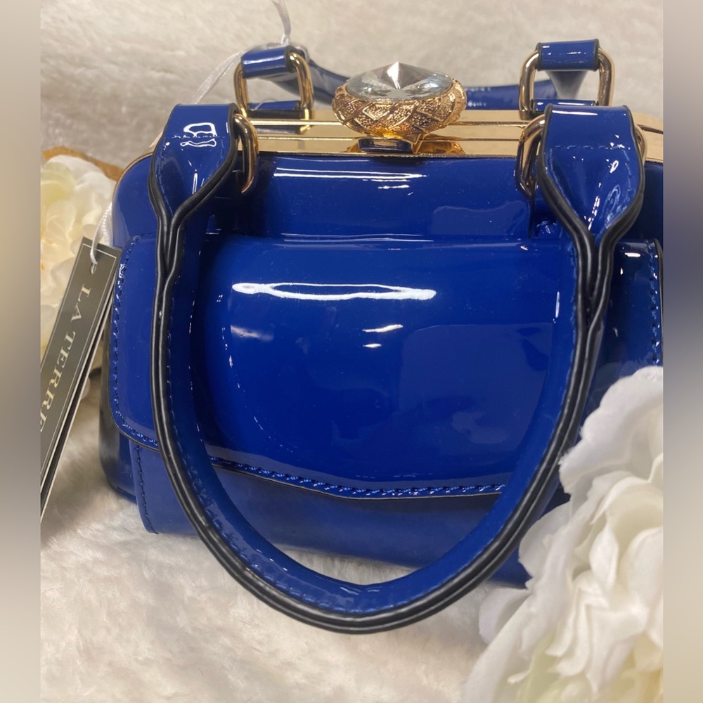 NWT LA TERRE Patent Blue Purse Vegan PETA Handbag